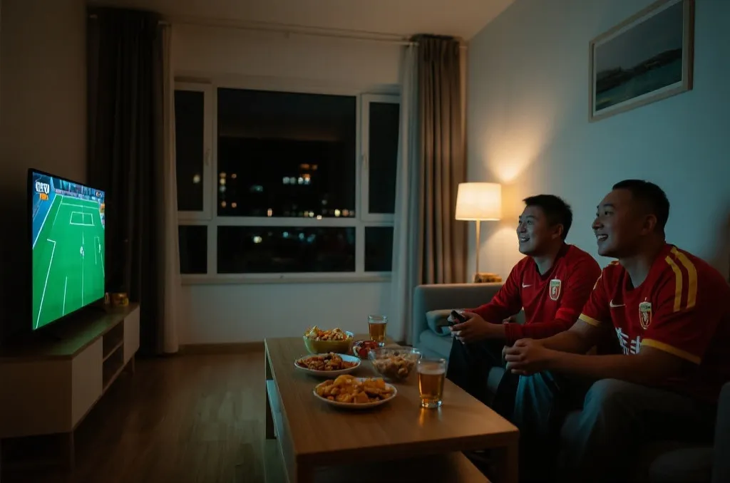 中国球迷熬夜看世界杯的居家观赛场景